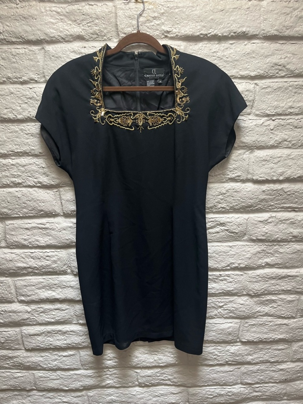 Carole Little Black Short Sleeve Top with Gold Embroidered Square Neck